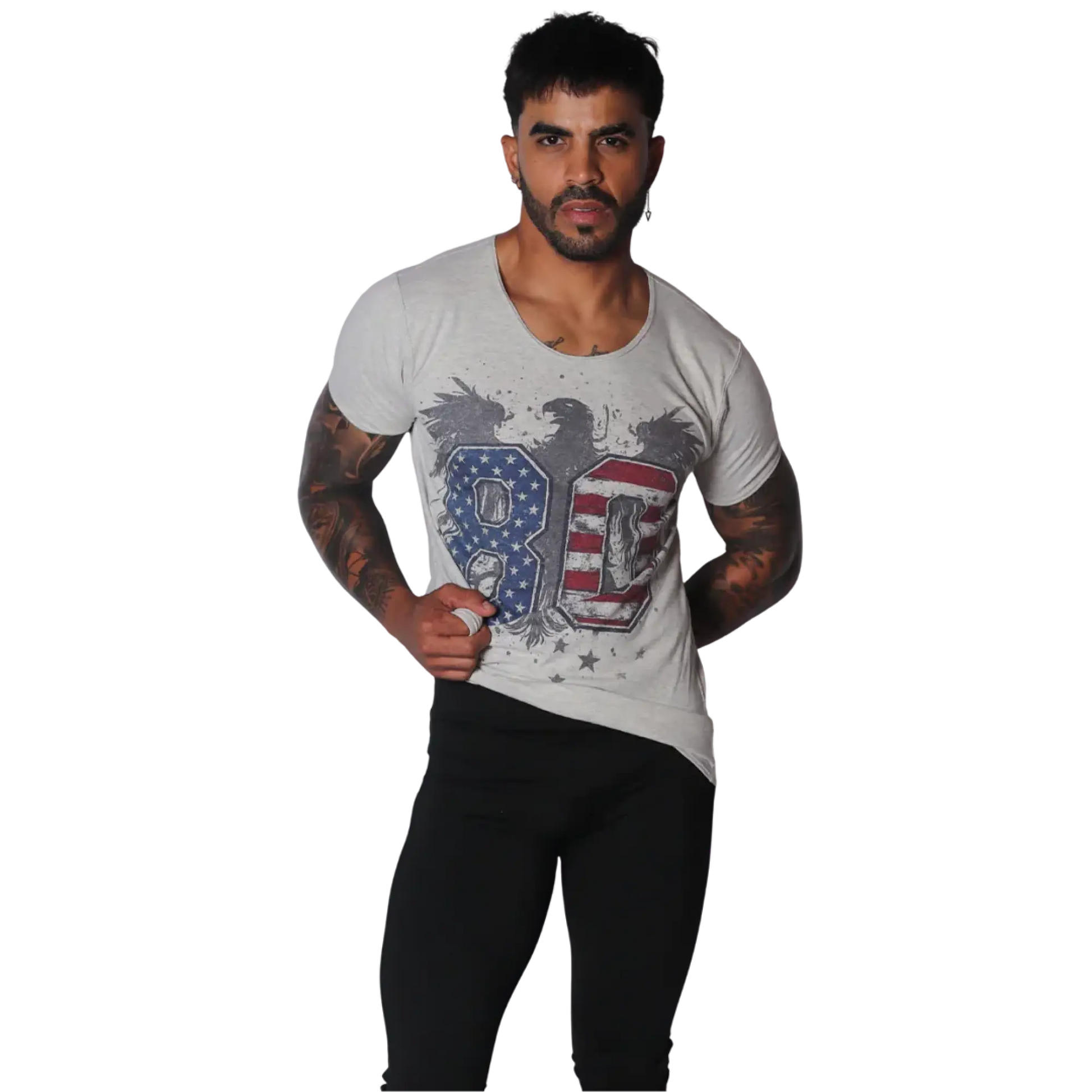 Light gray short-sleeve T-shirt with a distressed eagle graphic featuring a patriotic 80 design, scoop neckline.