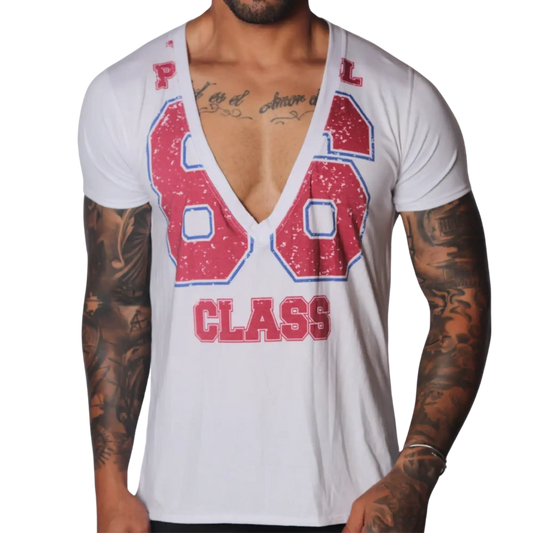 White deep V-neck T-shirt with a distressed red and blue "86 CLASS" graphic print on the front.