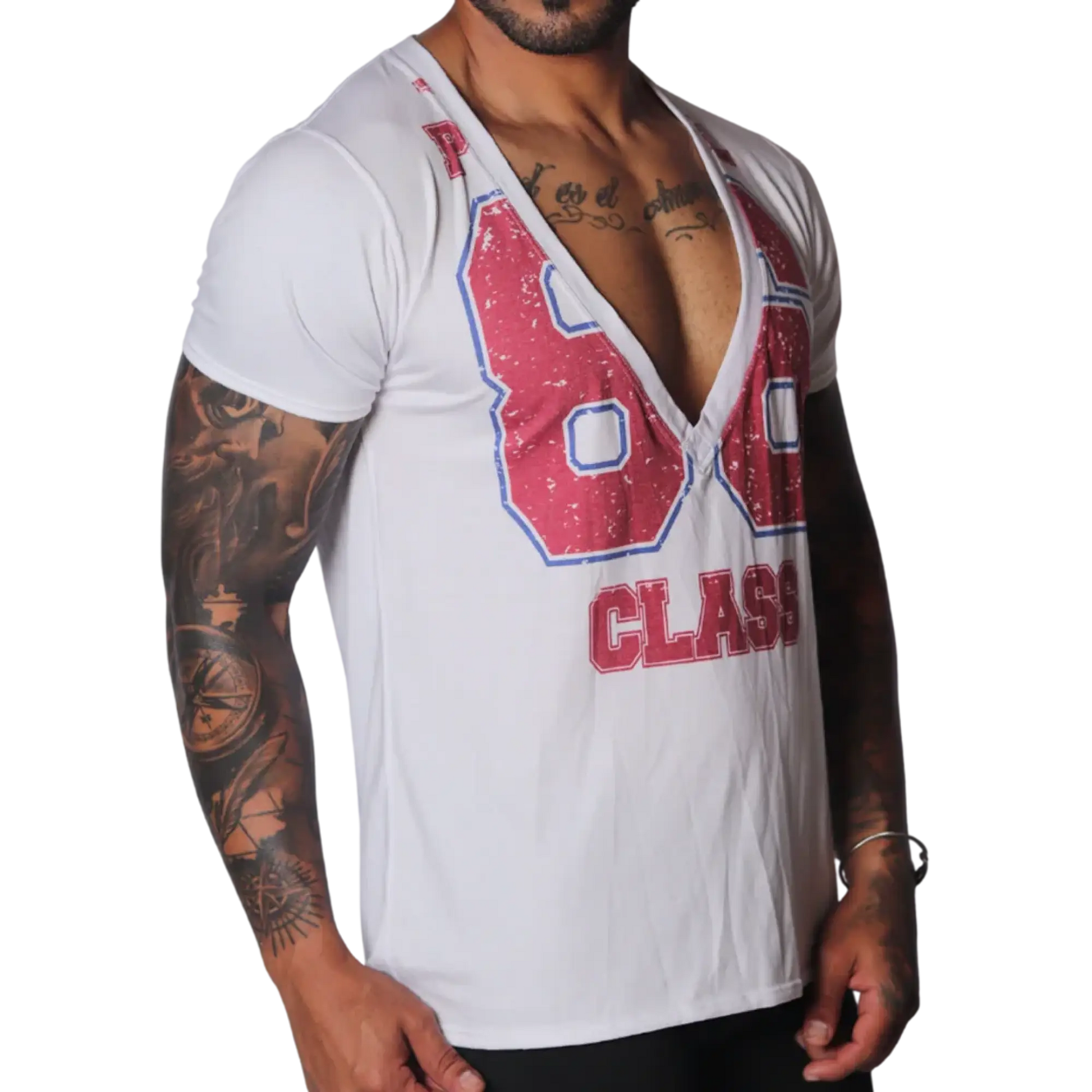 White deep V-neck T-shirt with a distressed red and blue "86 CLASS" graphic print.