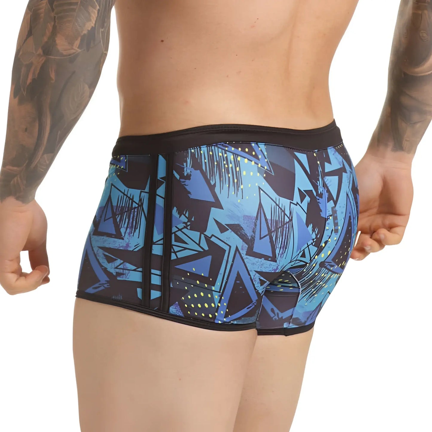 Blue and black graffiti-patterned menâ€™s boxer briefs with central zipper from gigo abstract swim trunk collection