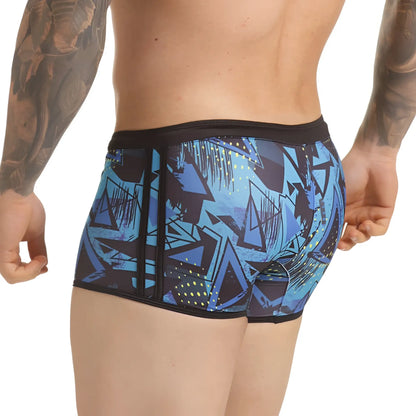 Blue and black graffiti-patterned menâ€™s boxer briefs with central zipper from gigo abstract swim trunk collection