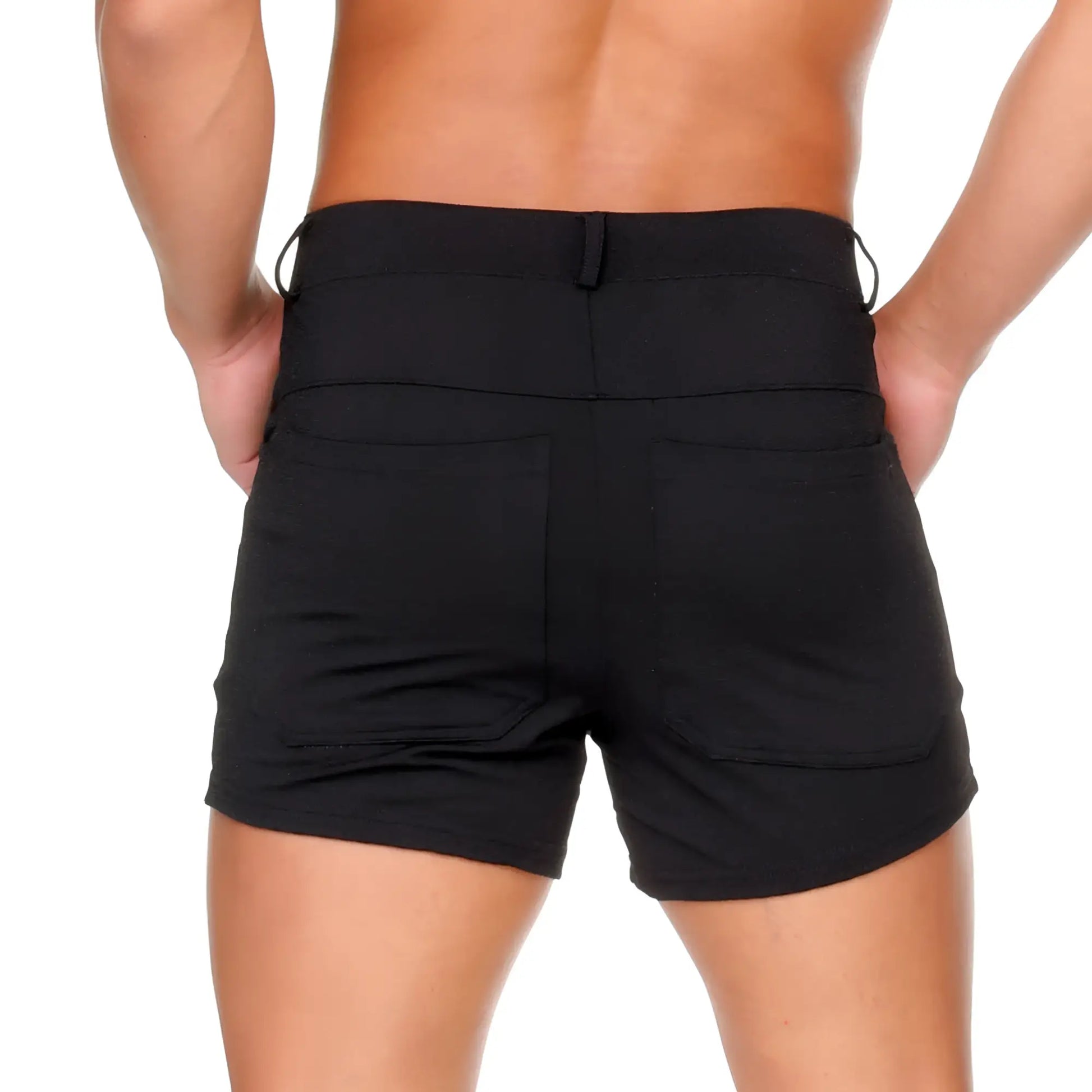 Back view of gigo african black sexyshorts featuring black fitted waistband and two back pockets