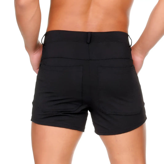 Back view of gigo african black sexyshorts featuring black fitted waistband and two back pockets