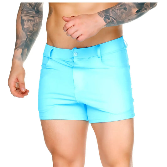 Bright turquoise Gigo African Blue Sexyshort menâ€™s shorts with a sleek tailored fit and button closure