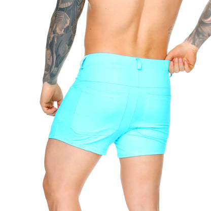 Bright turquoise high-waisted gigo african blue sexyshort swim trunks with sleek form-fitting design for swimming