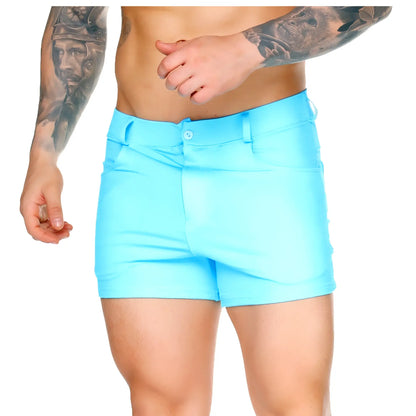 Bright turquoise Gigo African Blue Sexyshort menâ€™s shorts with a sleek tailored fit and button closure