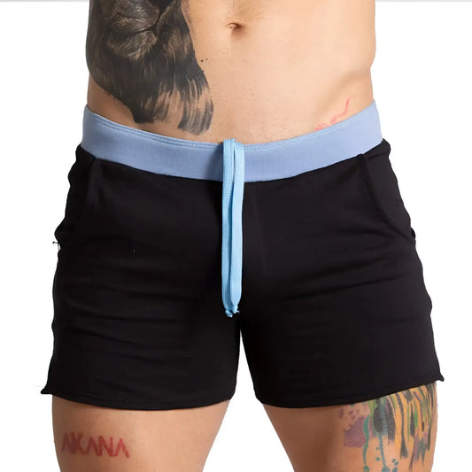 Gigo alfa black blue short athletic shorts with light blue elastic waistband and matching drawstring for activewear