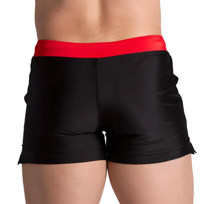 Black swim trunks with a bold red waistband from Gigo Alfa designed for beachwear use