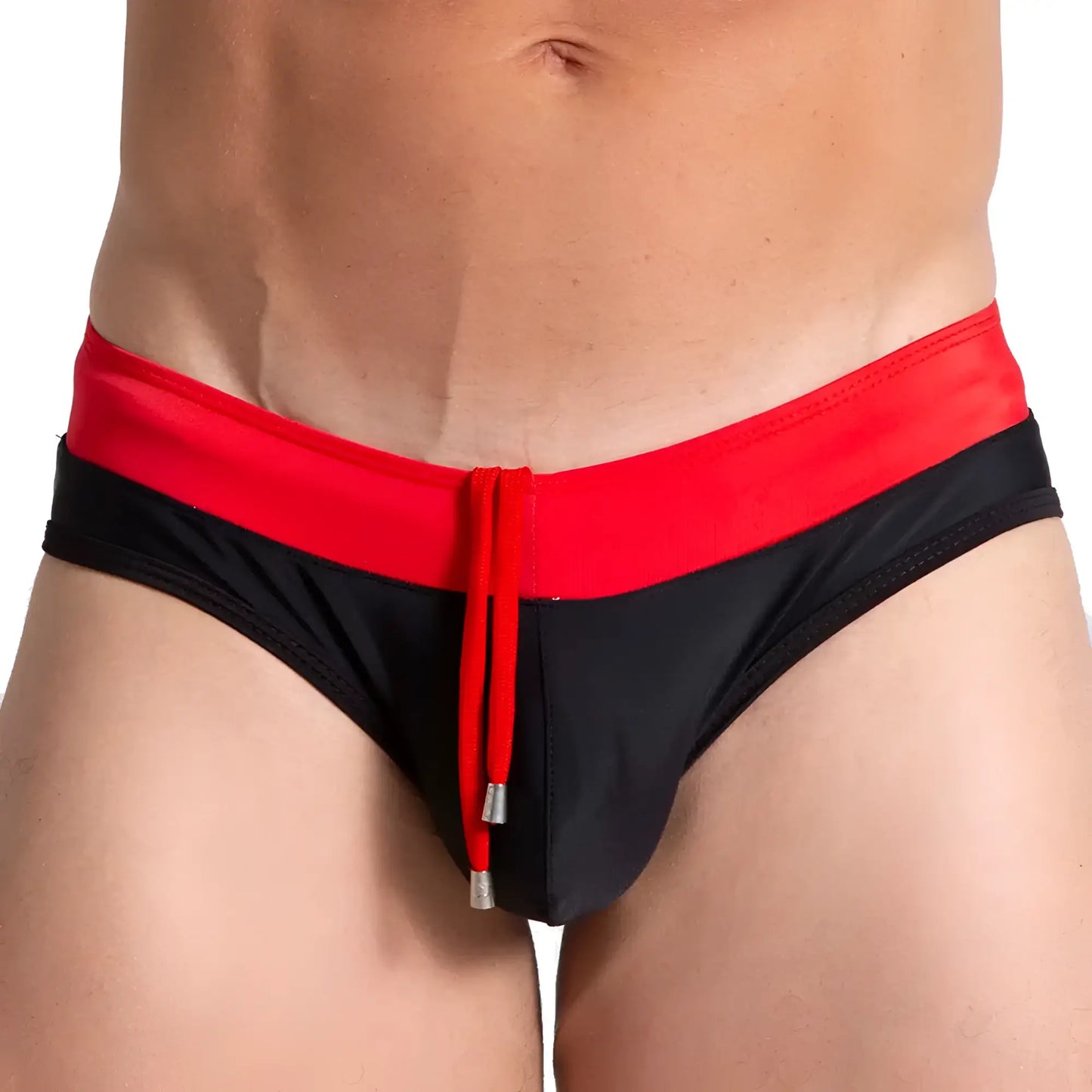 Gigo Alfa black red swim brief with bold color-block design wide red waistband and matching drawstring