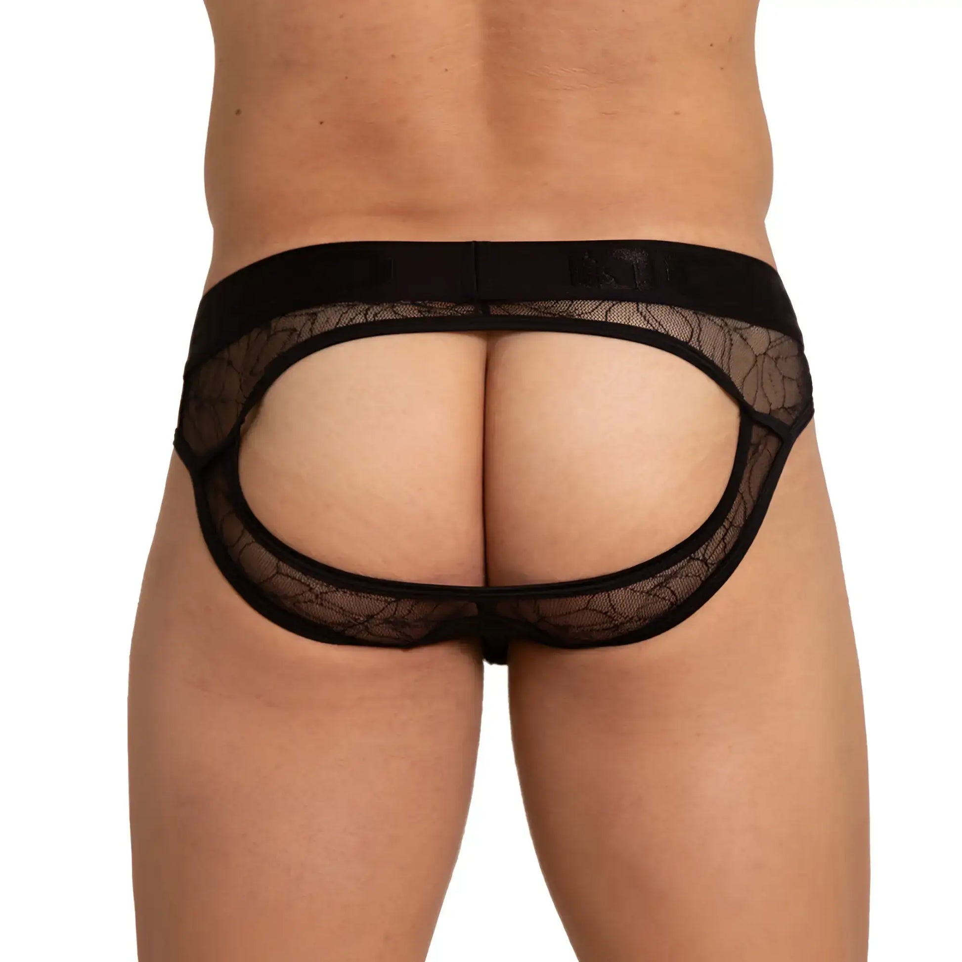 Black lace thong gigo amazonia brief jock with sheer patterned mesh and elastic waistband shown from the back