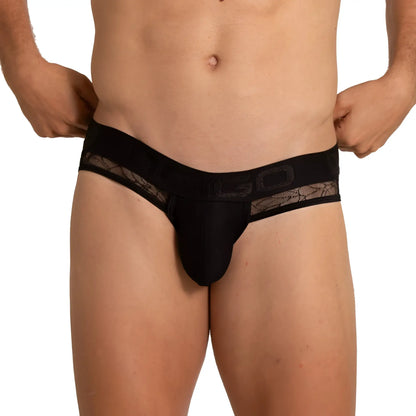 Black lace-trimmed menâ€™s briefs with sleek form-fitting design and subtle branding on the waistband from Gigo Amazonia