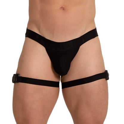 Black fabric thigh-high garter belt with adjustable straps and buckle closures shown from the back