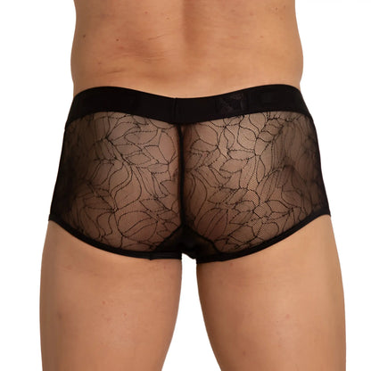 Black lace gigo amazonia trunk briefs with sheer floral pattern and solid black waistband