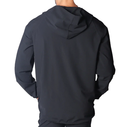 Back view of a black lightweight athletic hoodie with a smooth, matte finish and raglan sleeves.