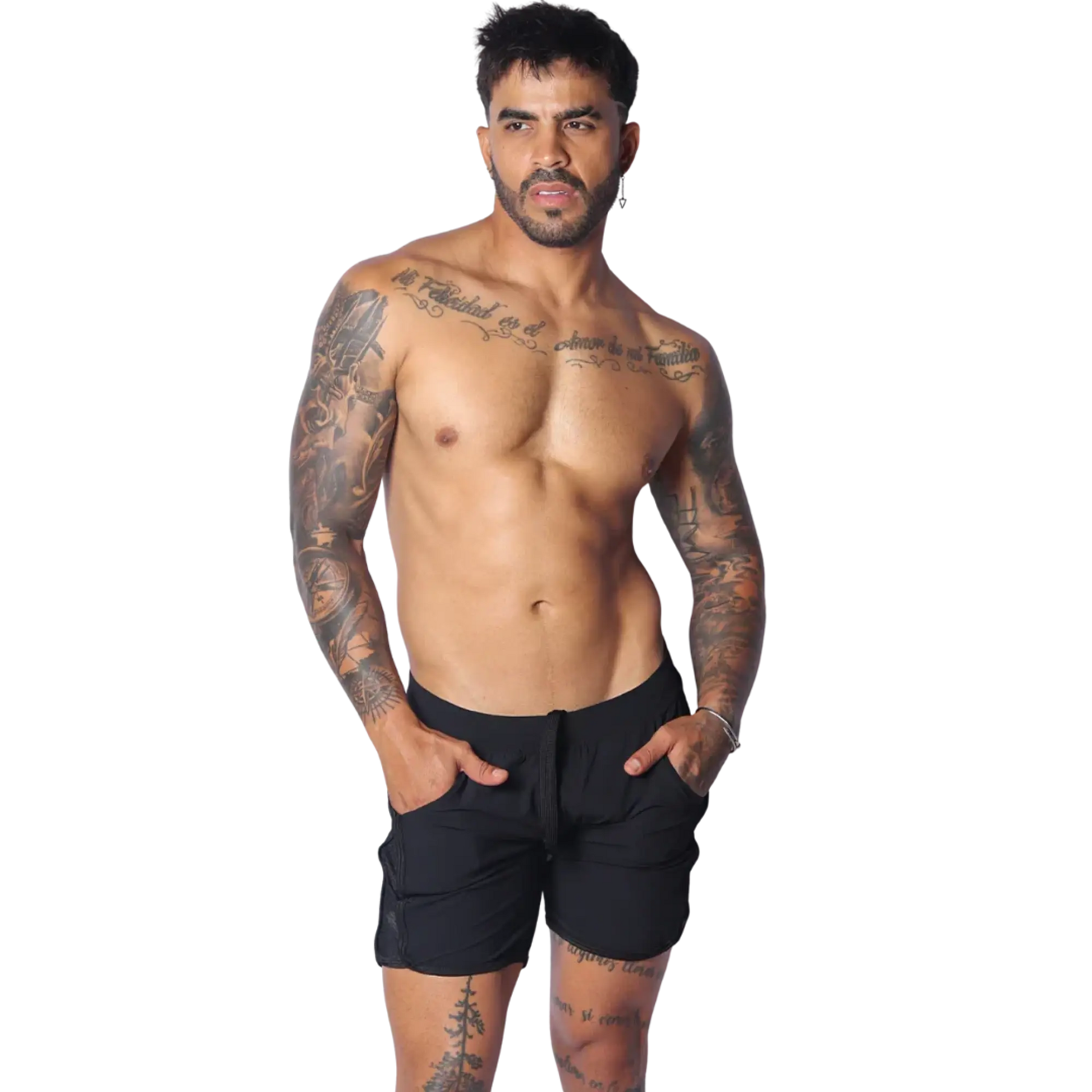 Athletic black shorts with side pockets, a drawstring waistband, and mesh panels, modeled on a fit man.