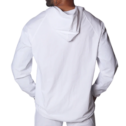 Back view of a plain white lightweight hooded jacket with long raglan sleeves against a black background.