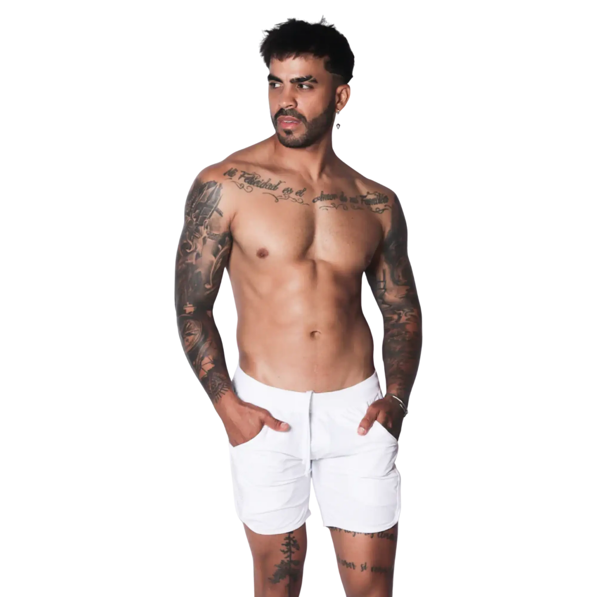 White athletic shorts featuring a drawstring waistband and side pockets on a tattooed model.