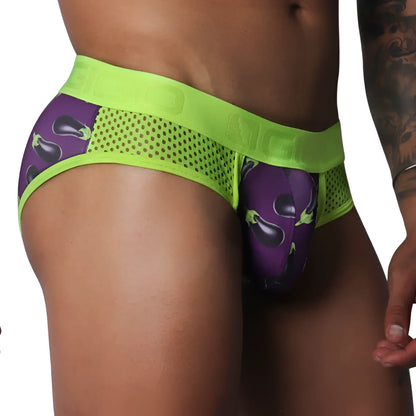 Purple eggplant-print brief with neon green mesh side panels and a wide branded elastic waistband.