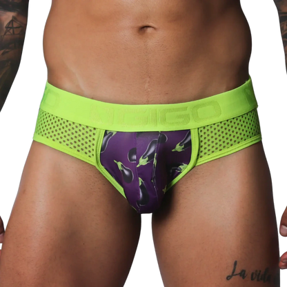 Neon green mesh briefs featuring a purple pouch with an all-over eggplant print and an embossed logo waistband.