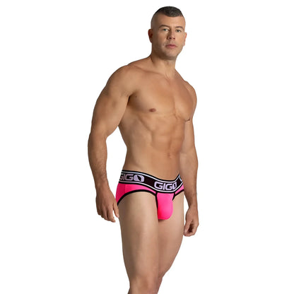 Bright pink gigo audacy fuchsia brief with black and white striped waistband designed for comfort and style