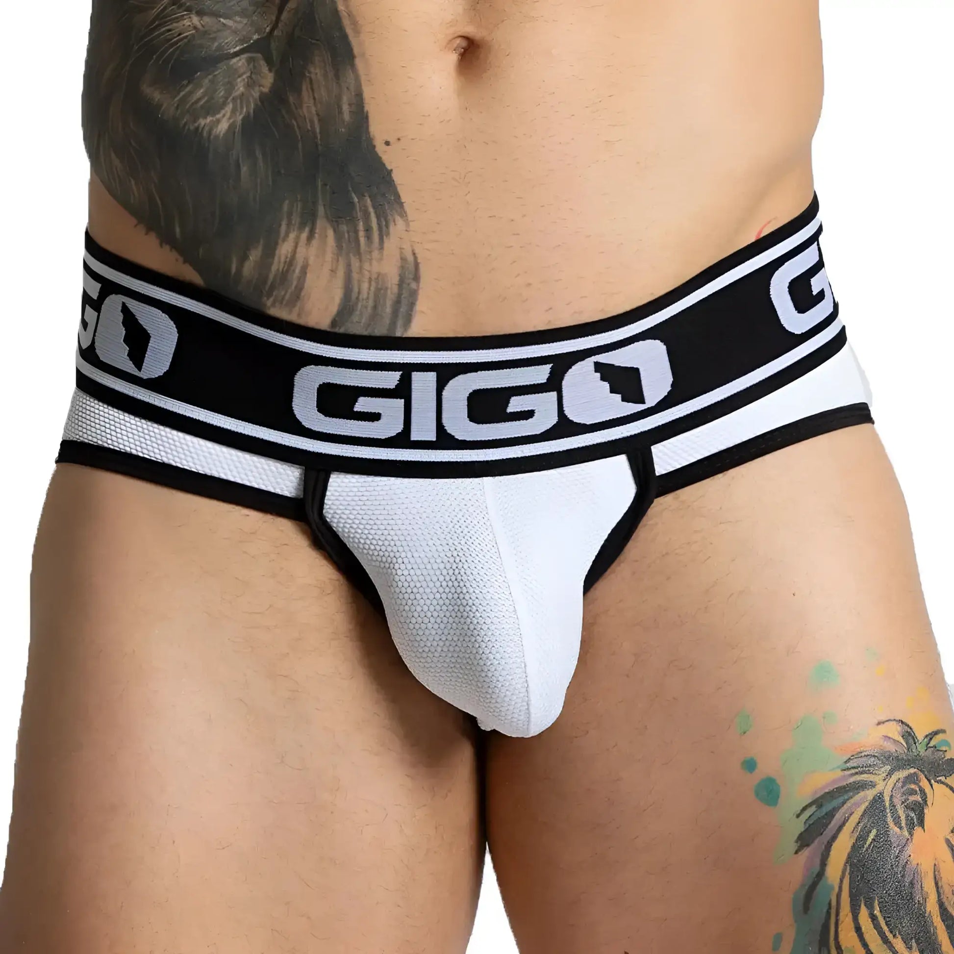 White gigo audacy brief with black trim made of textured mesh fabric for breathable comfort