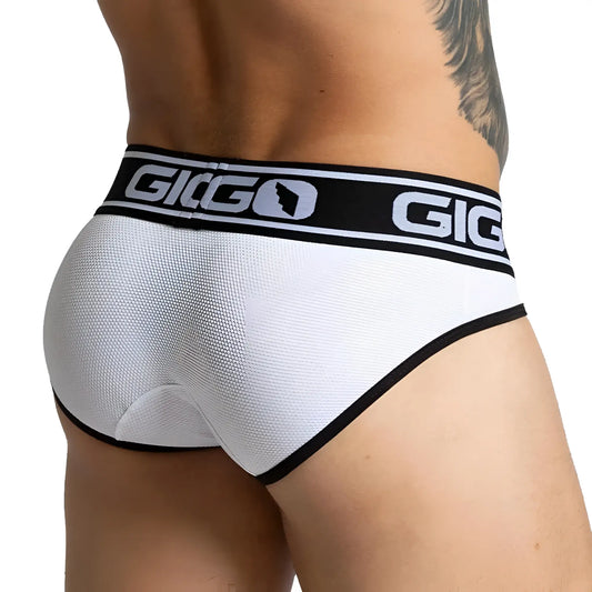 White giggo branded briefs with black trim and textured fabric in gigo audacy white brief design