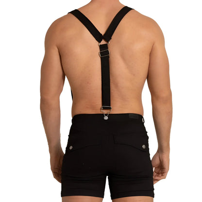 Back view of gigo aventurer black short featuring black cross-back suspenders with silver-toned metal clasps