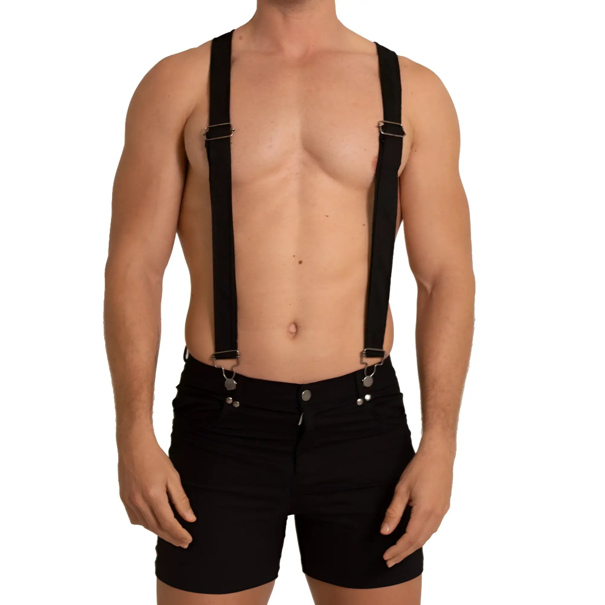 Gigo aventurer black short suspenders with silver-toned metal clasps and adjustable buckles in black fabric