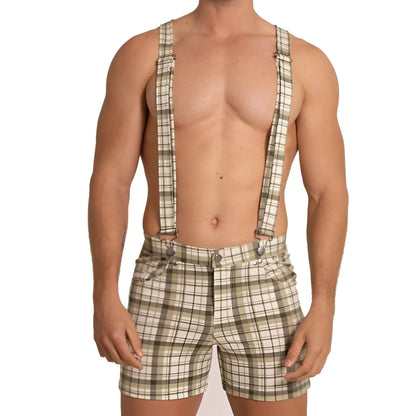 Plaid-patterned olive and cream tone suspenders paired with matching gigo aventurer green square shorts