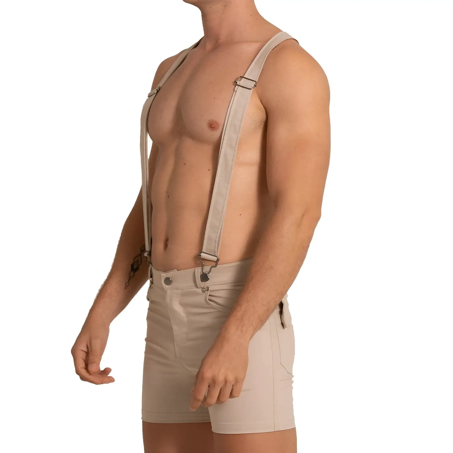 Beige fabric suspenders with metal clasps and adjustable straps for gigo aventurer khaki shorts