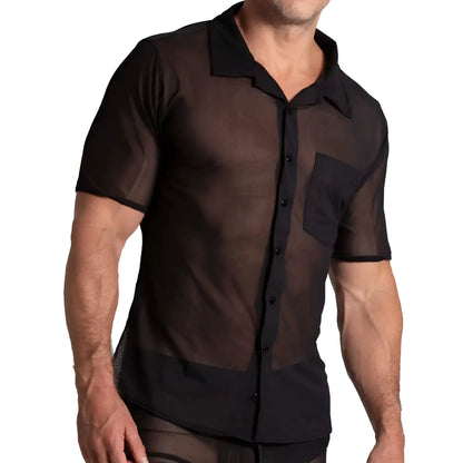 Gigo Bahia black shirt sheer short-sleeved button-up with solid black collar and pocket for stylish layering
