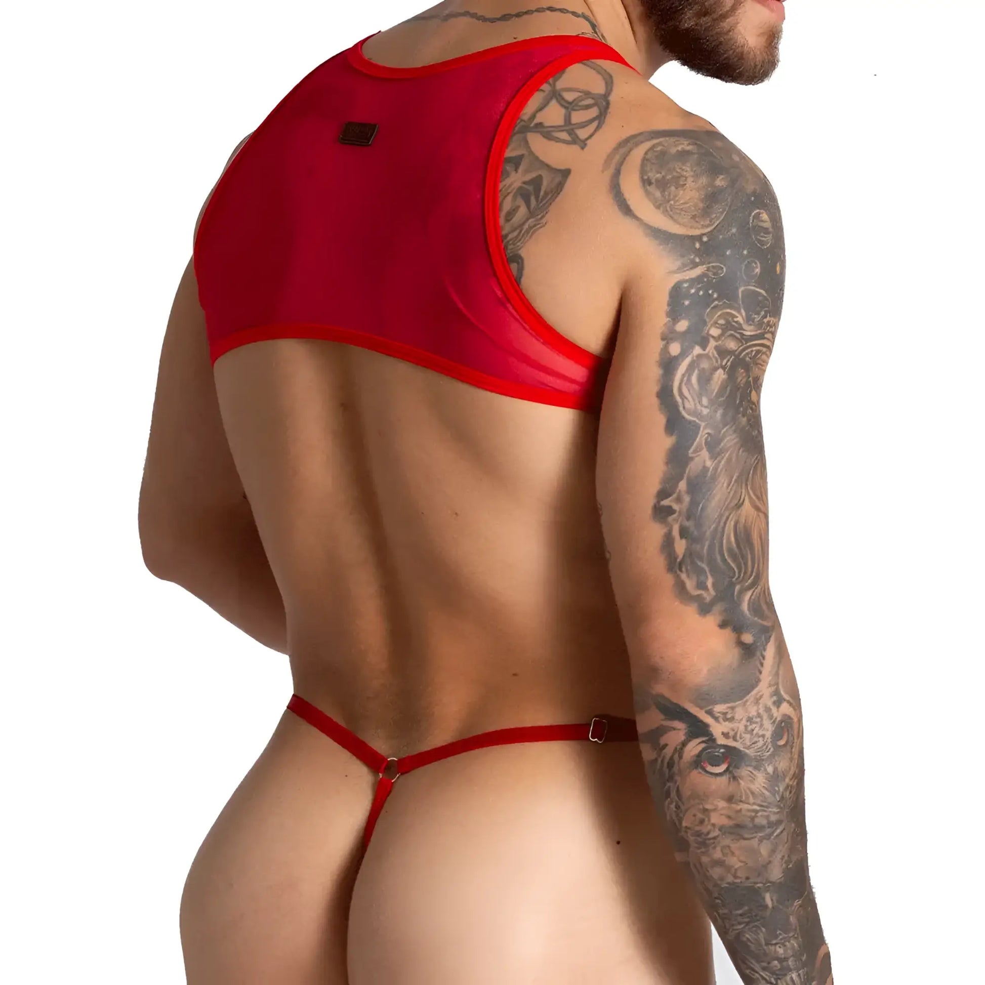 Back view of gigo bahia red body sheer red mesh menâ€™s thong with red trim and small black logo on the back