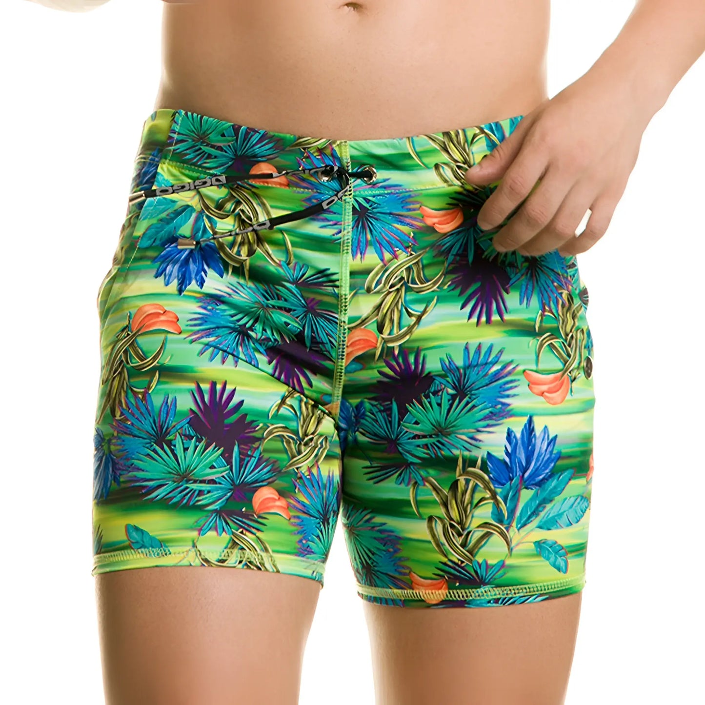 Vibrant tropical print swim trunks in neon green blue and purple with orange accents by gigo banana beachwear