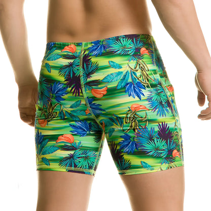 Gigo banana beachwear vibrant tropical print swim trunks in neon green blue and orange with bold leafy design