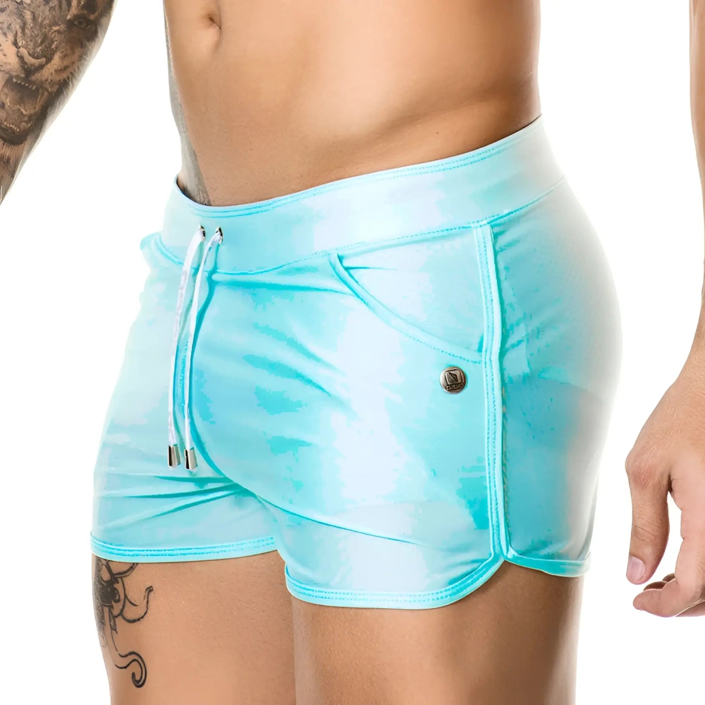 Gigo basic blue shorts swimwear size m made of light blue shiny fabric with drawstring waist and side pockets