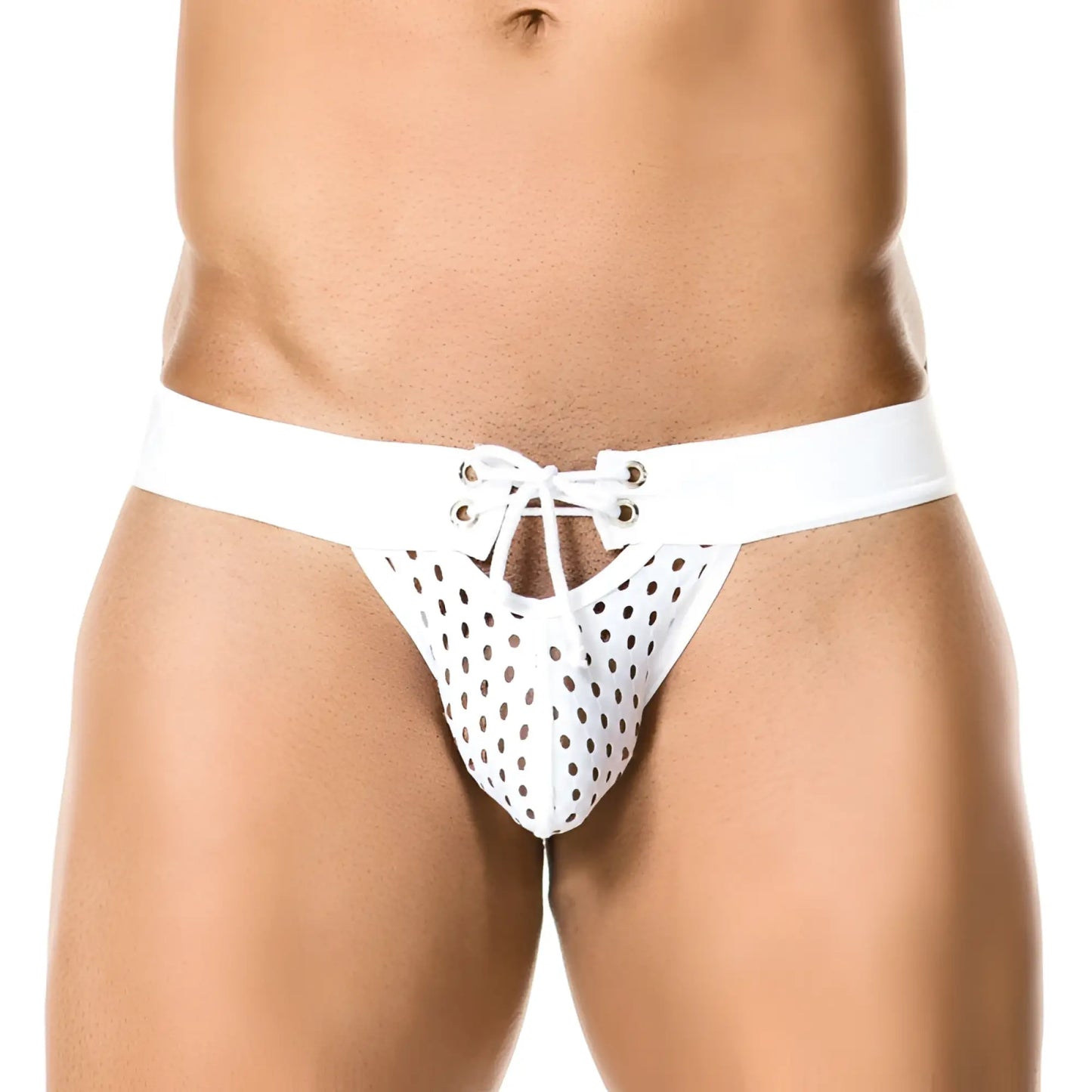 White lace-up briefs with perforated design and black polka dots from gigo basket white size m