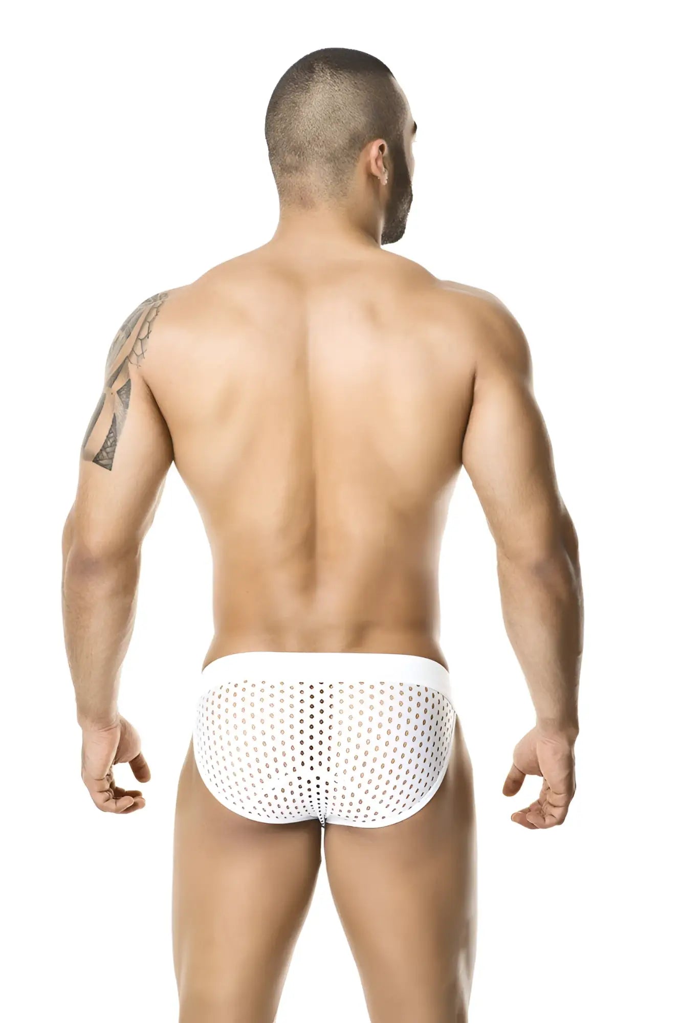 White mesh briefs with a solid white waistband from gigo basket white brief underwear g01173 size m front view