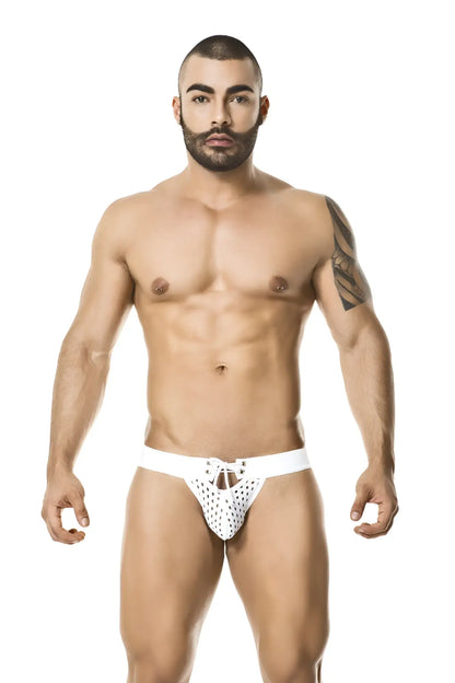 White perforated lace Gigo Basket brief underwear with tied waistband in size M front view