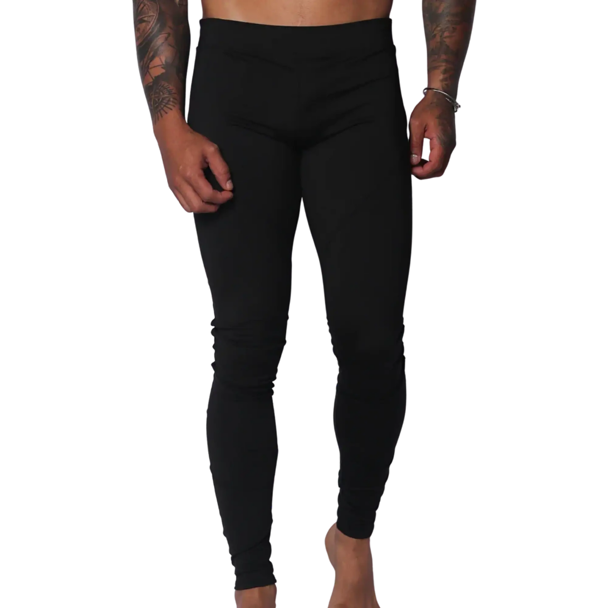 Form-fitting black Lycra leggings featuring a high-rise elastic waistband and a sleek, minimalist design.