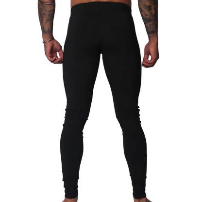 Back view of Gigo black, high-waisted, form-fitting Lycra leggings with a seamless, athletic design.
