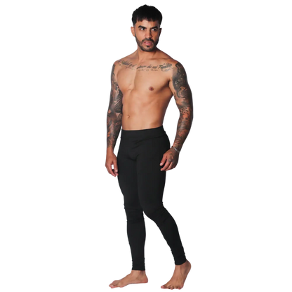 Form-fitting black Lycra leggings for men with a seamless athletic style and high-rise waistband.