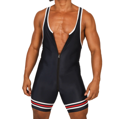 Black wrestling singlet with white and red striped waistband and front zipper closure from gigo boxing blue body collection