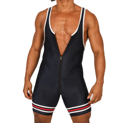 Black wrestling singlet with white and red striped waistband and front zipper closure from gigo boxing blue body collection