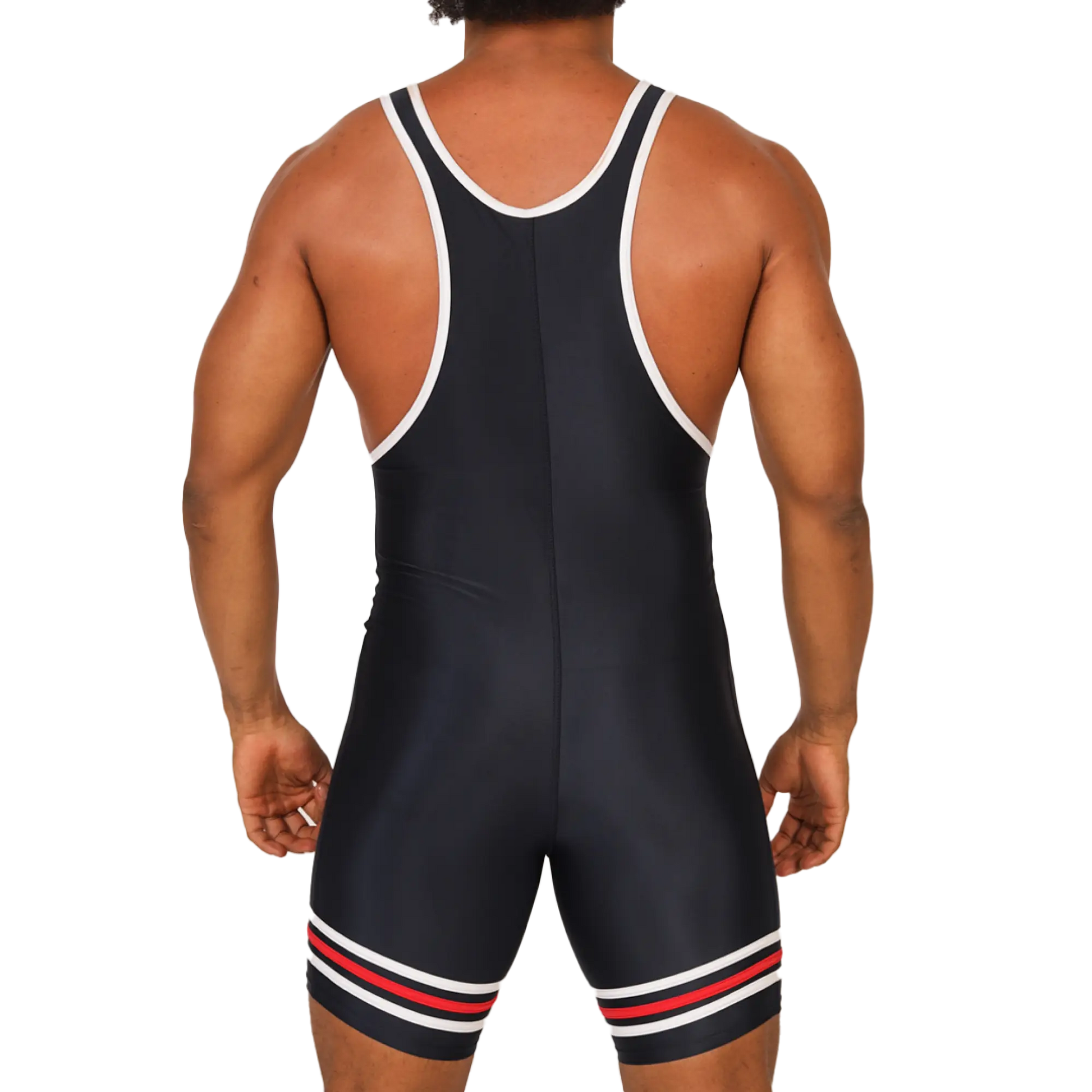 Black wrestling singlet with white trim and red and white stripes at hem from Gigo Boxing blue body collection
