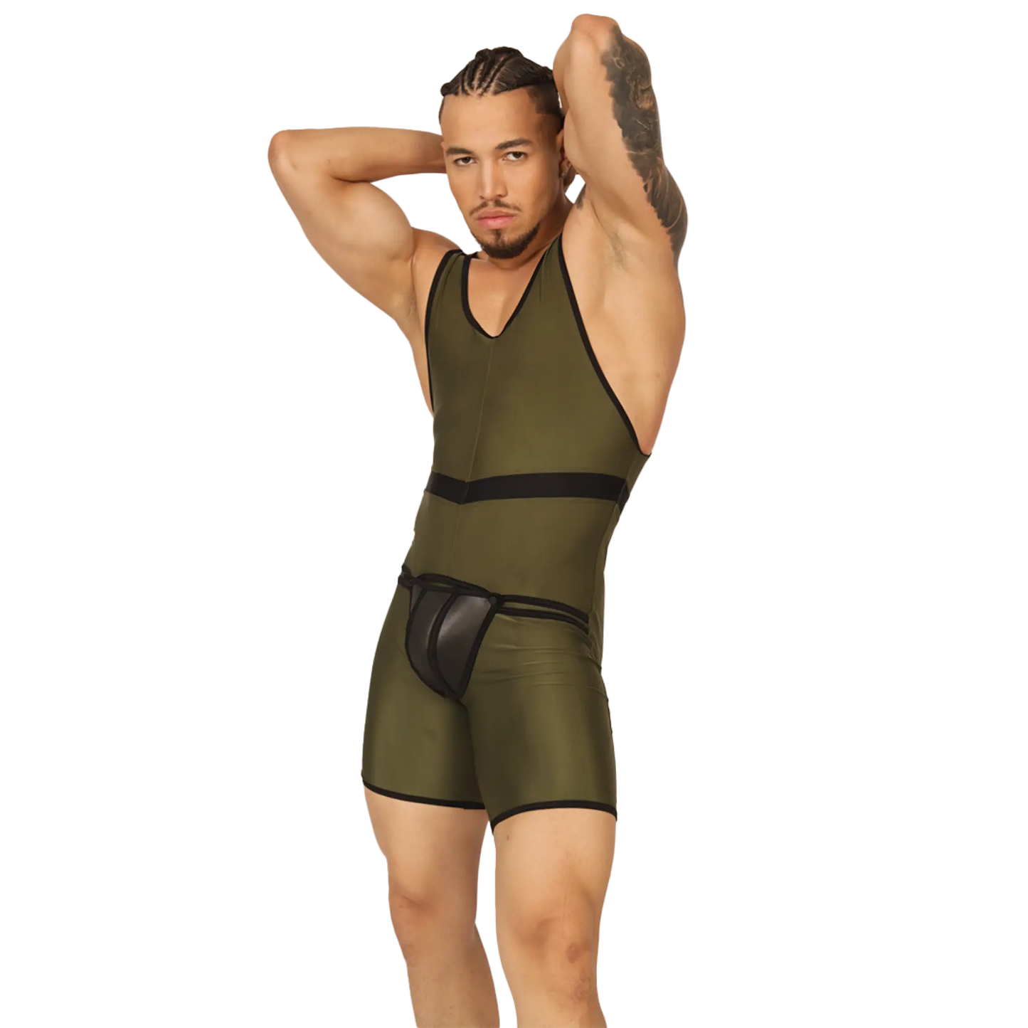 Olive green gigo boxing green body athletic singlet with black trim and matching brief-style undergarment set