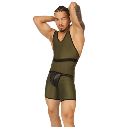 Olive green gigo boxing green body athletic singlet with black trim and matching brief-style undergarment set