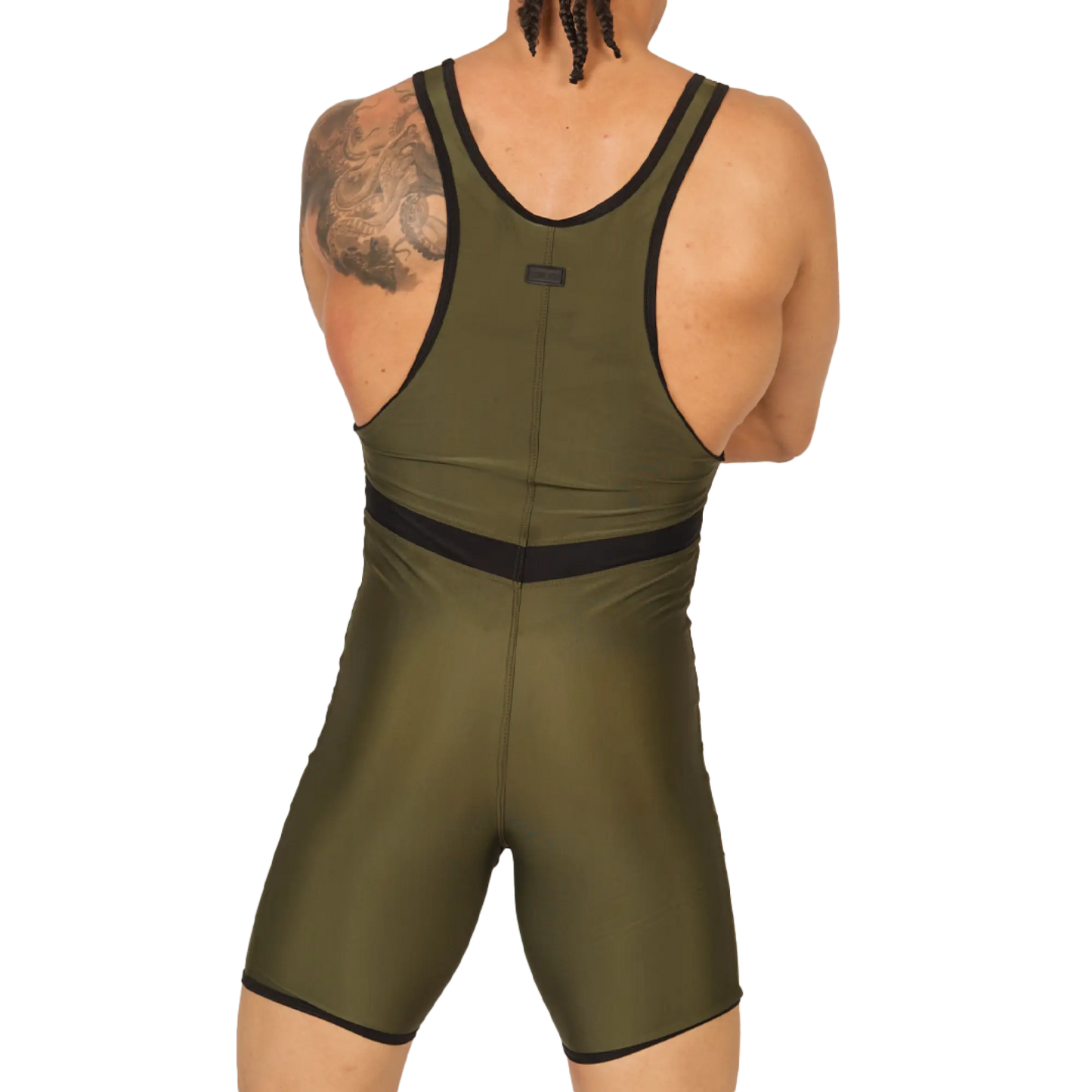 Olive green wrestling singlet with black trim and central waistband from gigo boxing green body collection