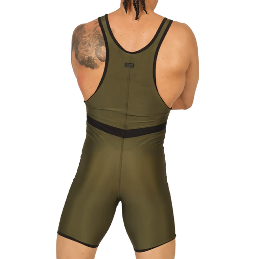 Olive green wrestling singlet with black trim and central waistband from gigo boxing green body collection