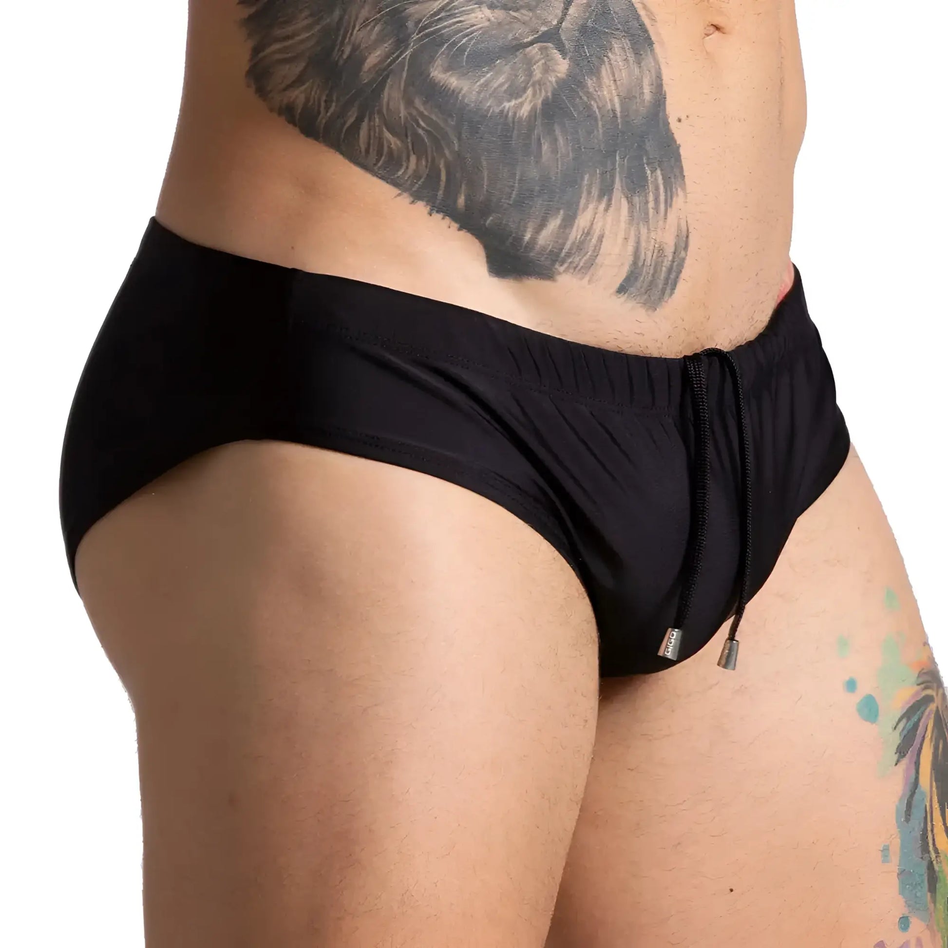 Gigo brazilian black swim brief swim trunks with drawstring waistband and subtle branding tag for swimming