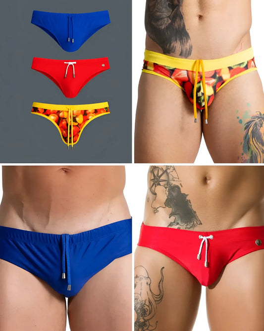 Trio of men's swim briefs in blue, red, and tropical print, featuring elastic waistbands and drawstring cords.